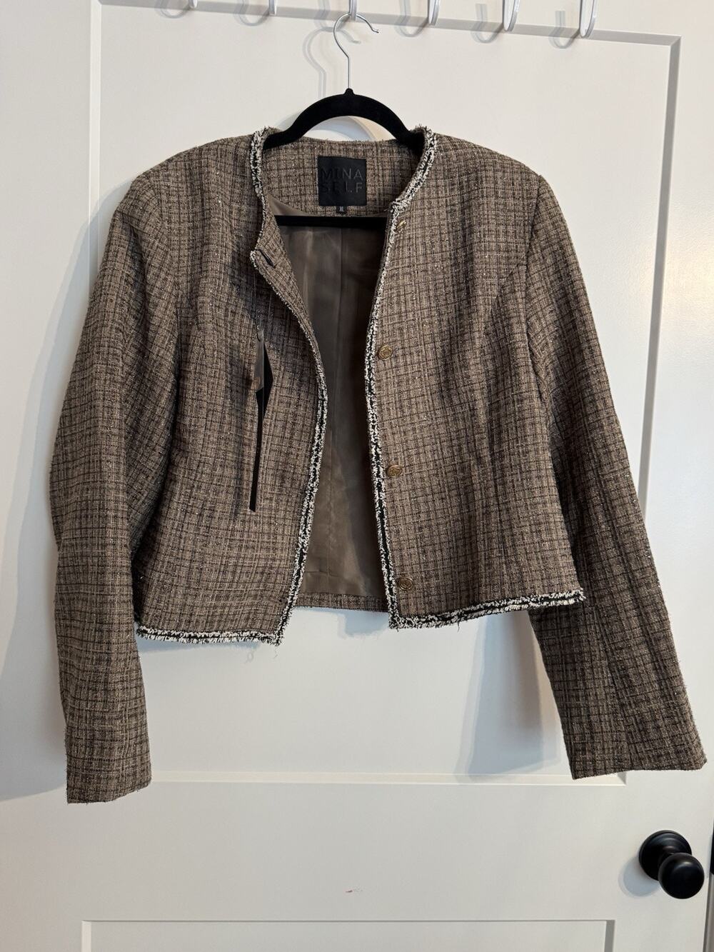 NWT Mina Self Coffee Brown Tweed Blazer Size XL Workwear Gold Buttons
